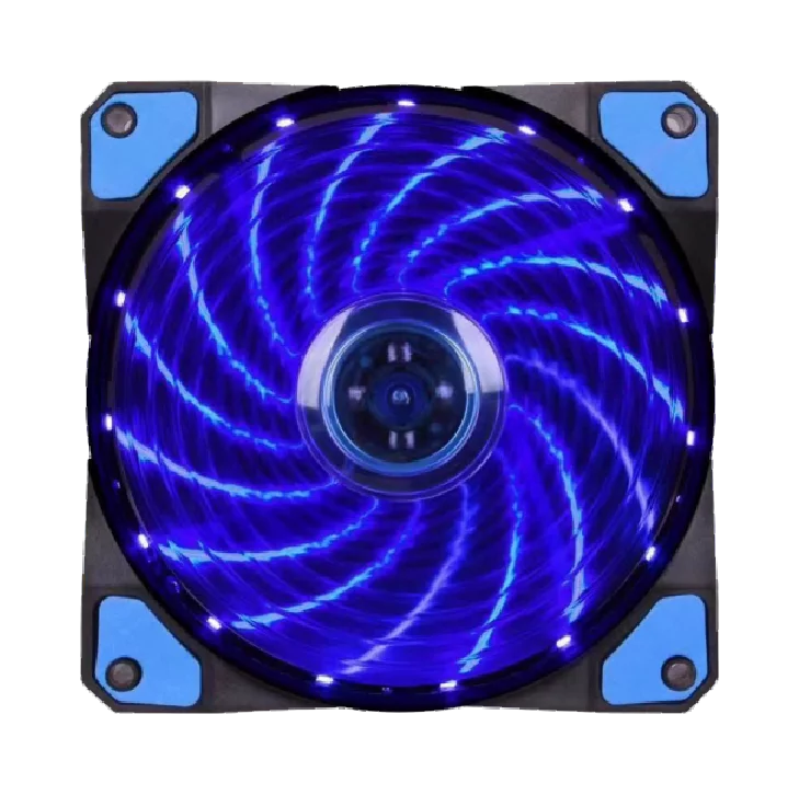 Computer fan with blue LED lighting on a white background