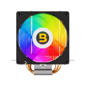 Computer cooling fan with RGB lighting and brand logo on a white background