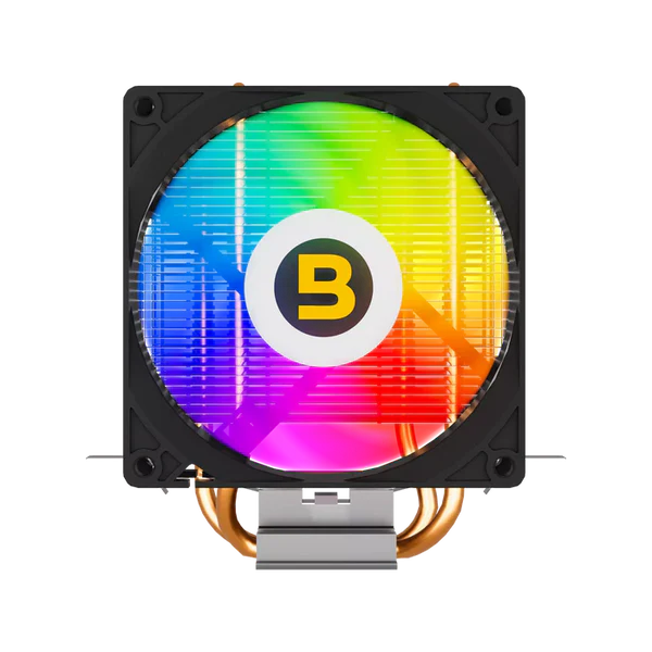 Computer cooling fan with RGB lighting and brand logo on a white background