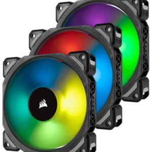Three RGB LED fans with a visible Corsair logo on a white background
