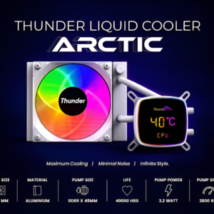 Arctic Thunder liquid cooler with colorful fan and digital temperature display on a dark background