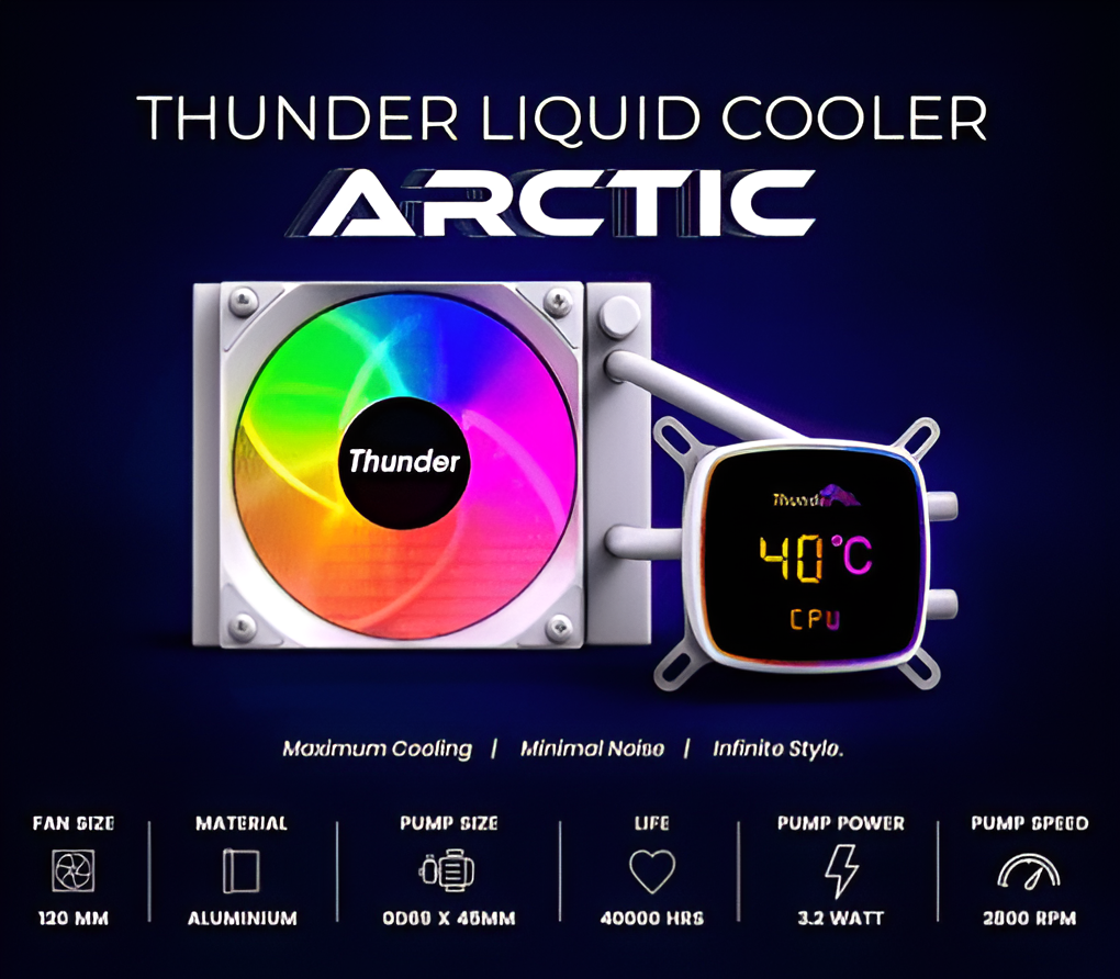 Arctic Thunder liquid cooler with colorful fan and digital temperature display on a dark background