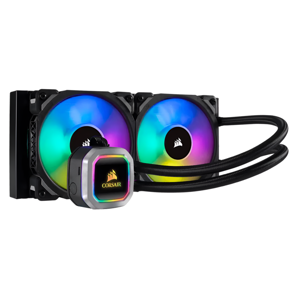 Corsair cooling system with RGB LED fans on a white background