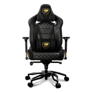 Black gaming chair with quilted design and brand logo on a white background