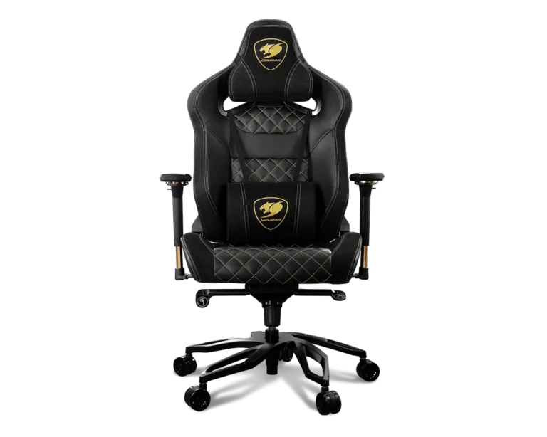 Black gaming chair with quilted design and brand logo on a white background