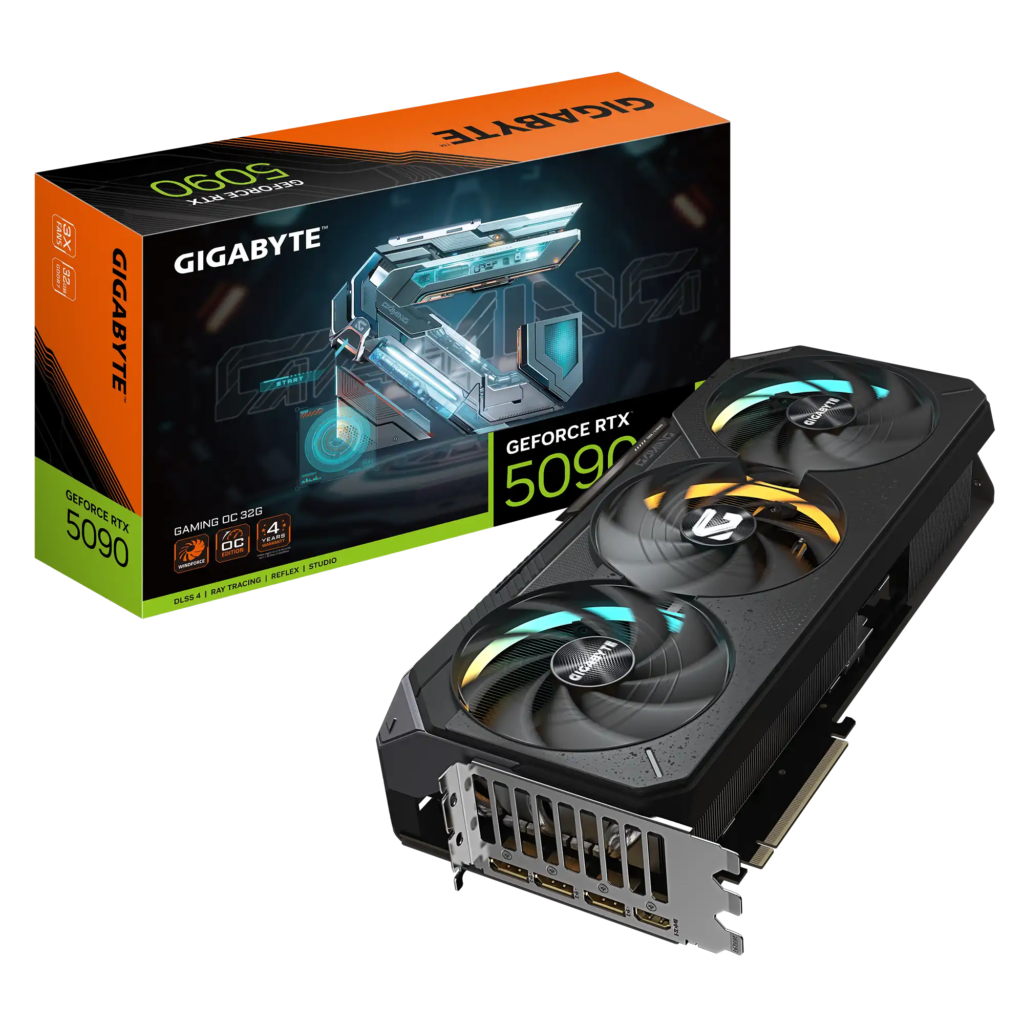 Gigabyte GeForce RTX 5090 graphics card with packaging on a white background