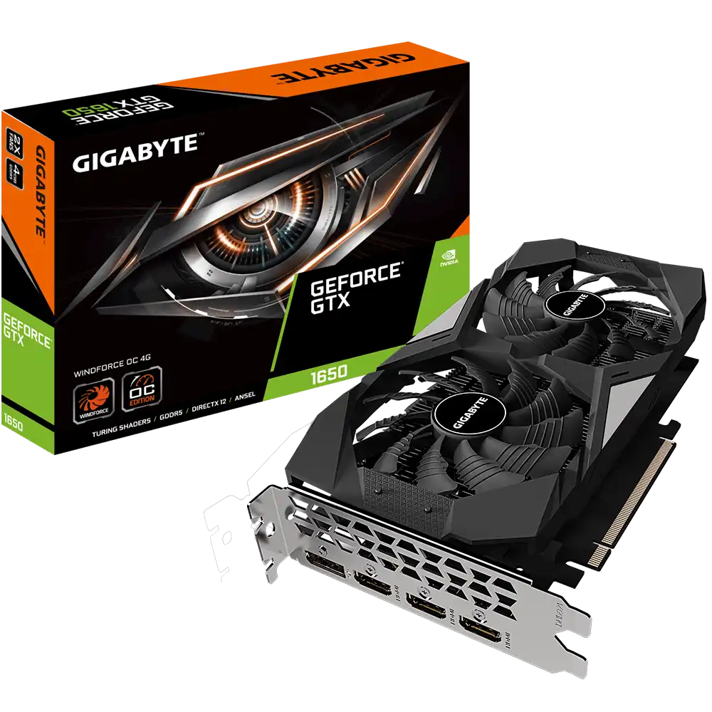 Gigabyte GeForce GTX graphics card with packaging on a white background
