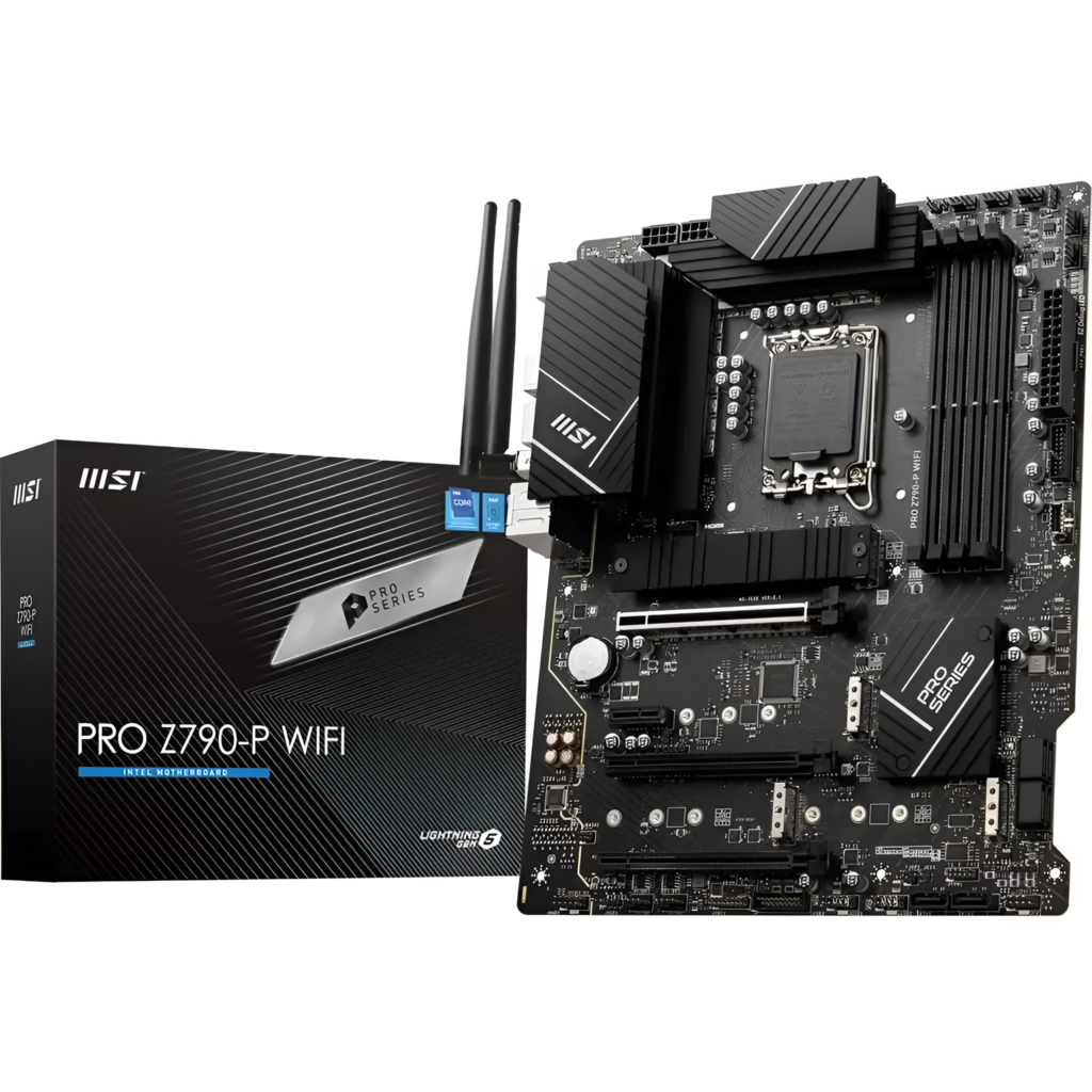MSI motherboard and packaging on a white background