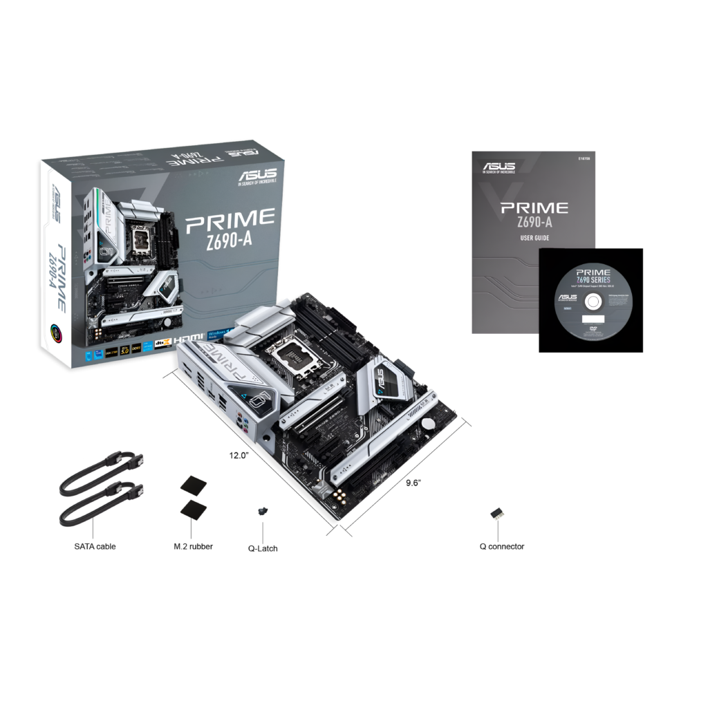 Asus Prime Z690-A motherboard with packaging, manual, and cables on a white background
