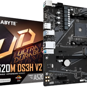 Gigabyte A520M DS3H V2 motherboard with packaging on a white background