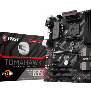 MSI Tomahawk B350 motherboard and packaging on a white background