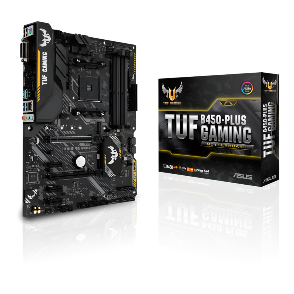 ASUS TUF B450-PLUS GAMING motherboard and packaging on a white background