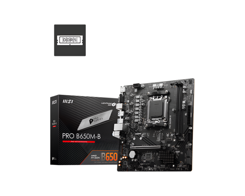 MSI motherboard and packaging on a white background