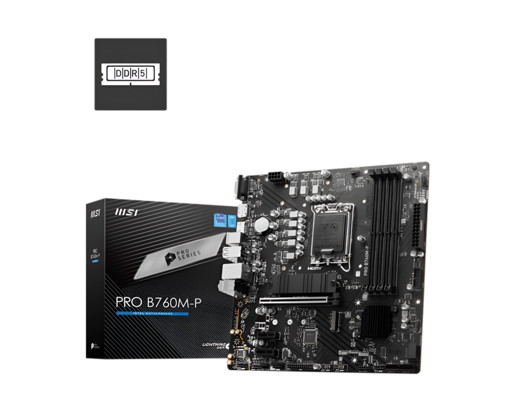 Motherboard and packaging with MSI branding on a white background