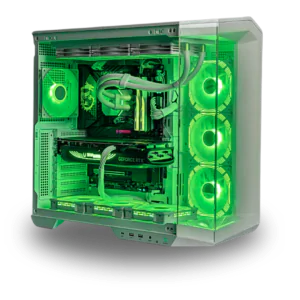 Computer case with green lighting on a white background