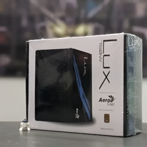 Box of AeroCool LUX product on a reflective surface with a blurred background