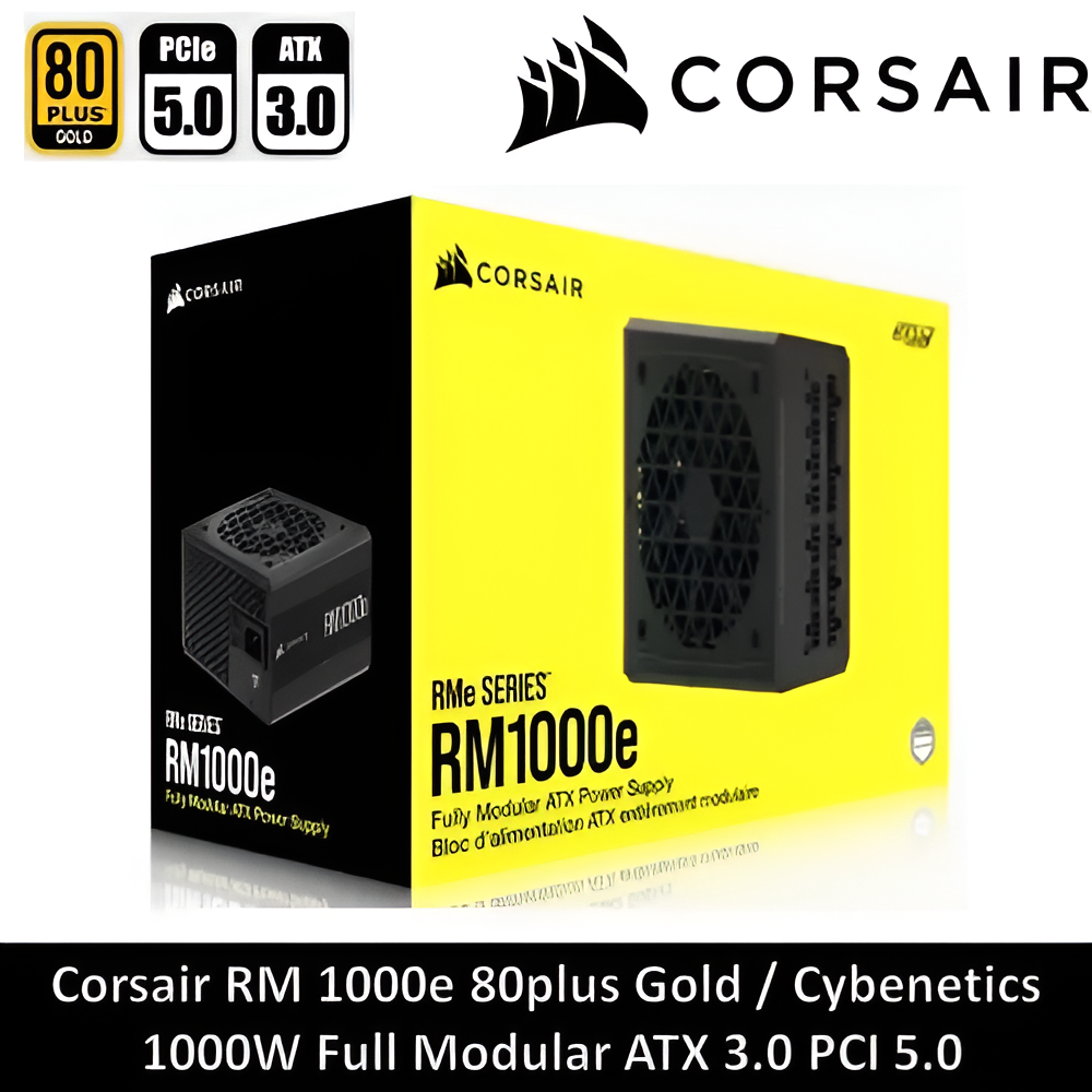 Corsair RM1000e power supply box with Corsair logo and specifications on a white background