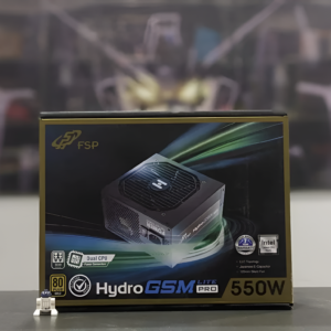 FSP Hydro GSM Lite Pro 550W power supply unit packaging on a blurred background
