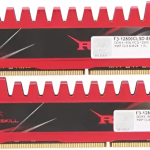 Two red and black G.SKILL RAM modules on a white background