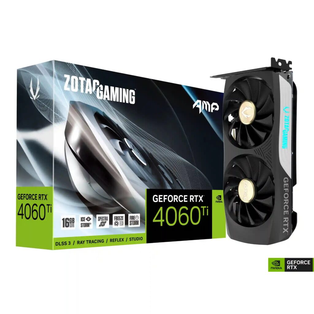 Zotac Gaming GeForce RTX 4060 Ti graphics card with packaging on a white background