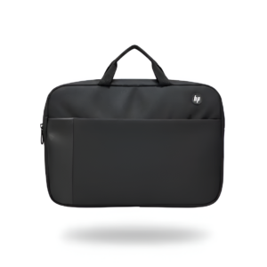 Black laptop bag with a brand logo on a white background