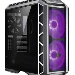 Computer case with purple LED fans on a white background