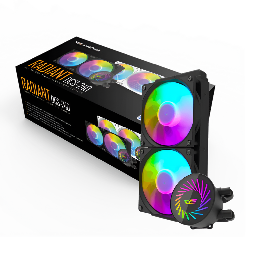 Computer cooling system with RGB lights and packaging on a white background