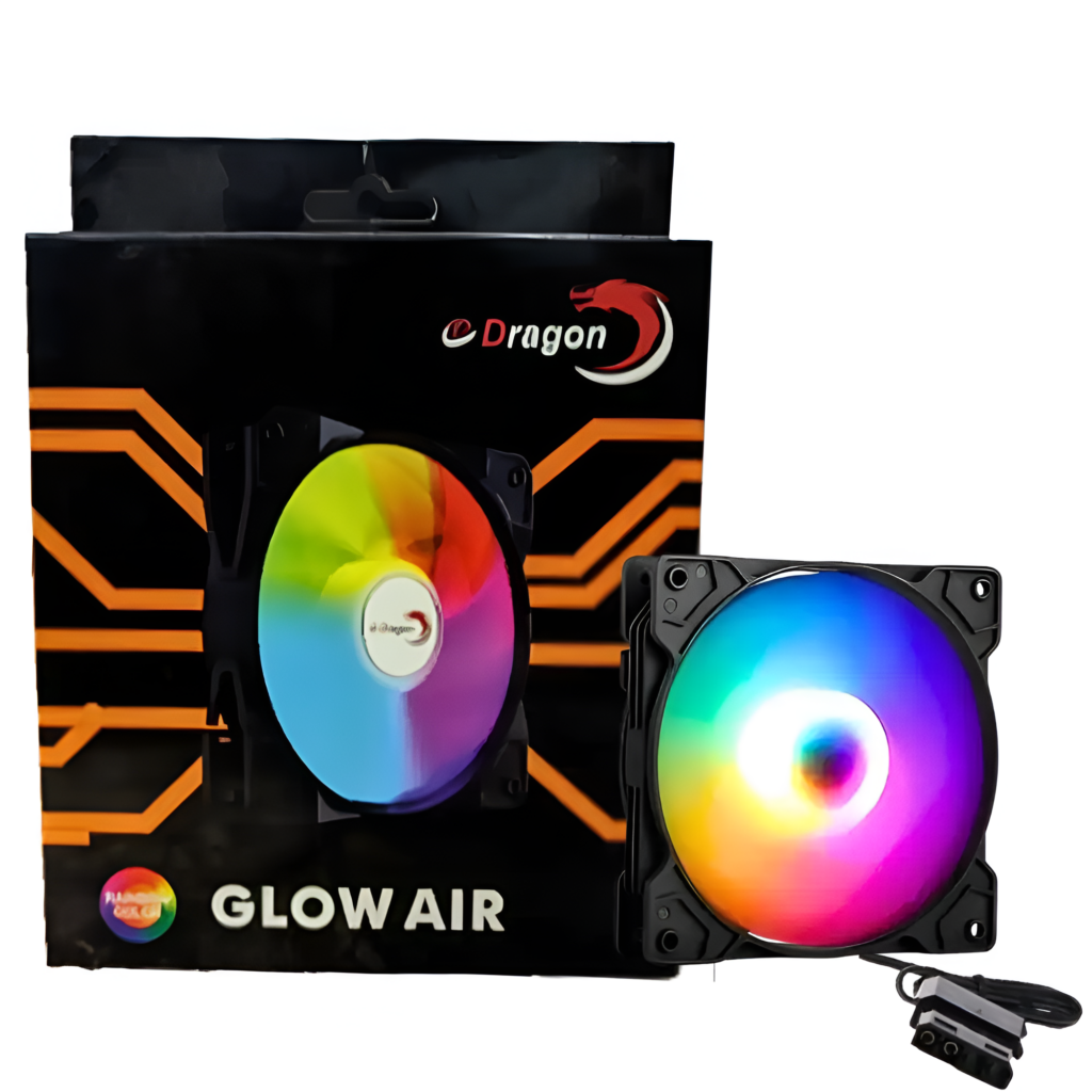 Colorful cooling fan with 'eDragon' packaging on a white background