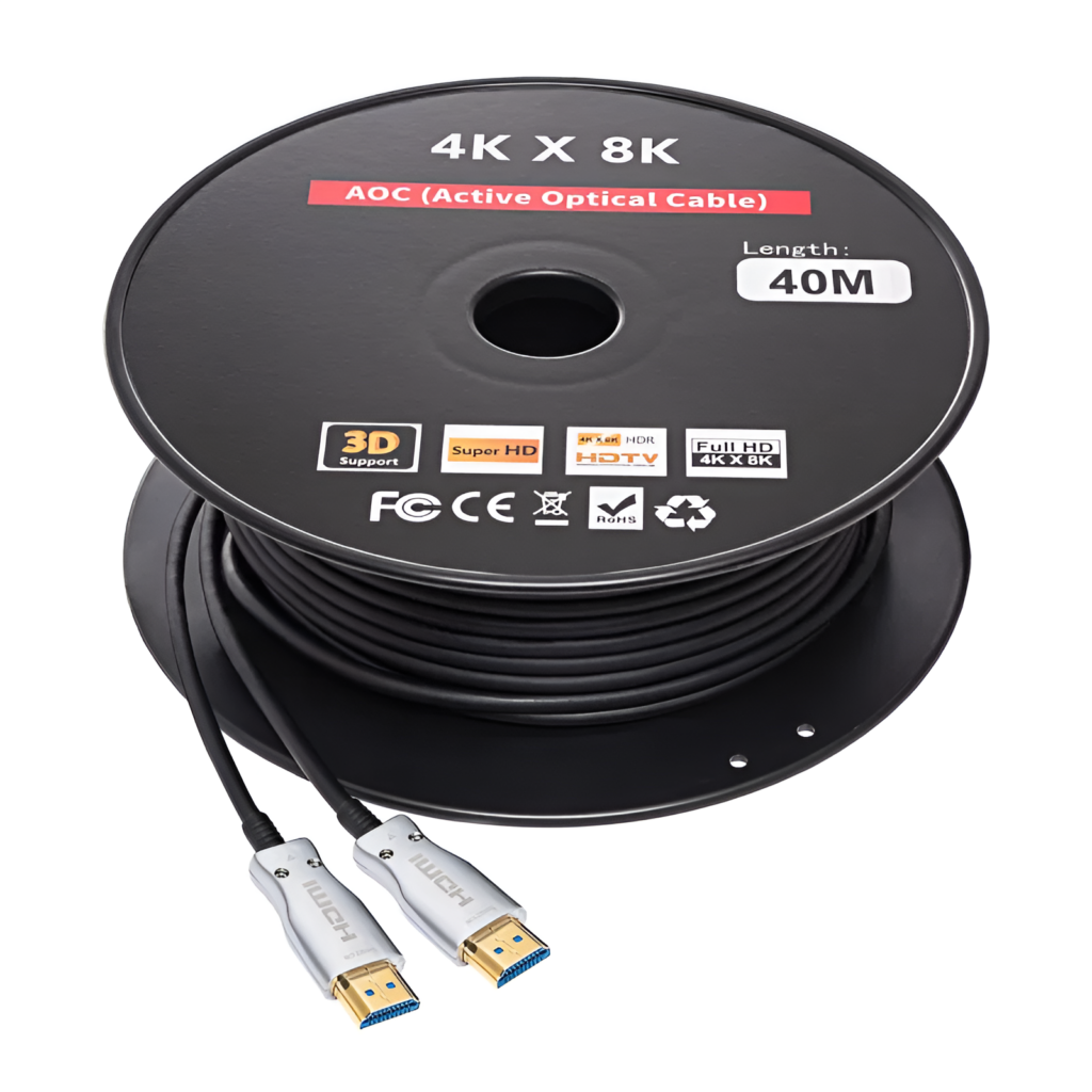 Spool of 4K x 8K active optical cable with HDMI connectors on a white background