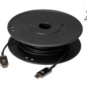 Black cable reel with USB connectors on a white background, featuring a 3-year warranty badge.