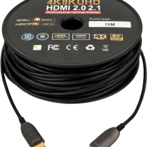 HDMI cable on a spool with specifications on a white background