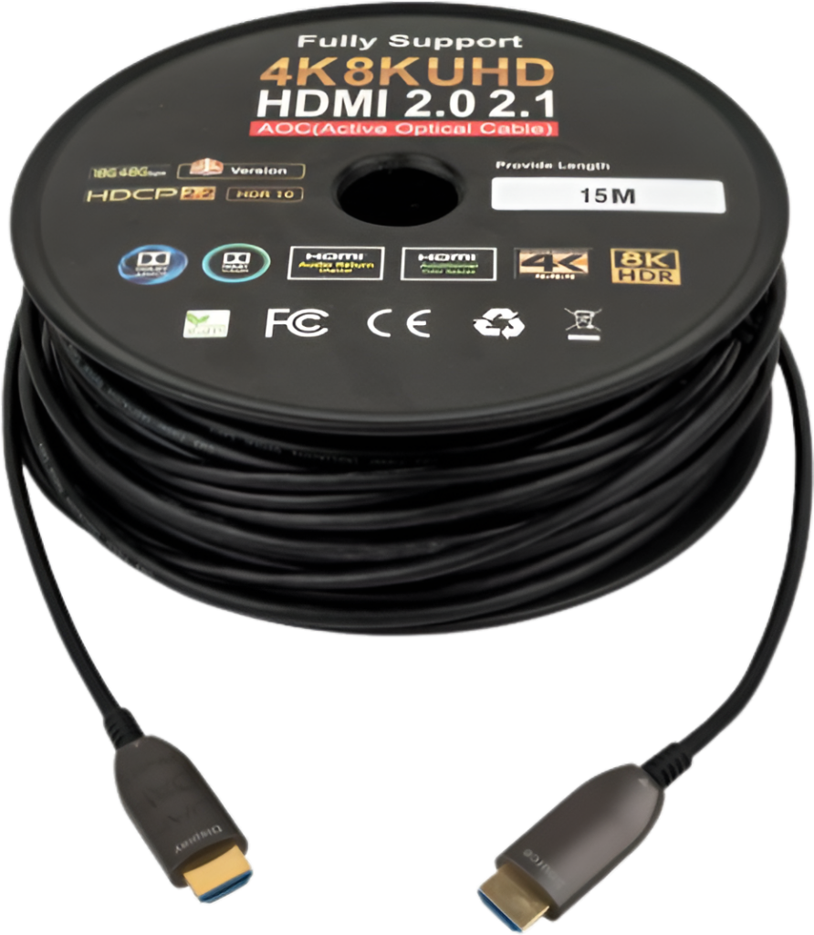 HDMI cable on a spool with specifications on a white background