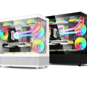 Two computer cases with RGB lighting on a white background