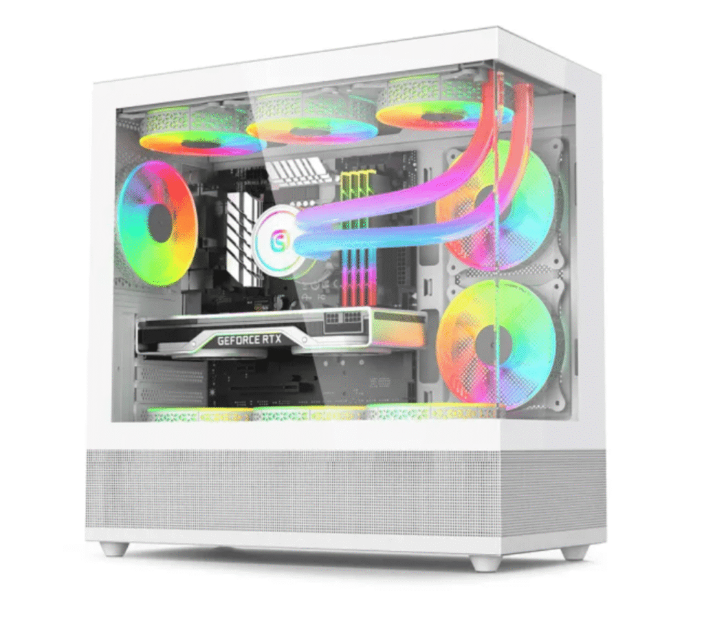 Computer case with RGB lighting and GeForce RTX graphics card on a white background