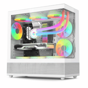 Computer case with RGB lighting and GeForce RTX graphics card on a white background