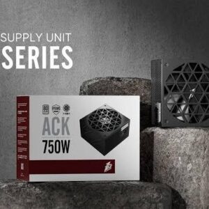 Power supply unit with packaging labeled 'ACK Series' on a textured surface.