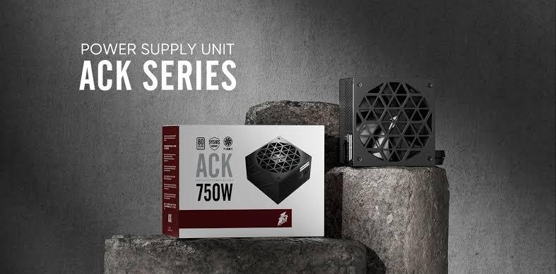 Power supply unit with packaging labeled 'ACK Series' on a textured surface.