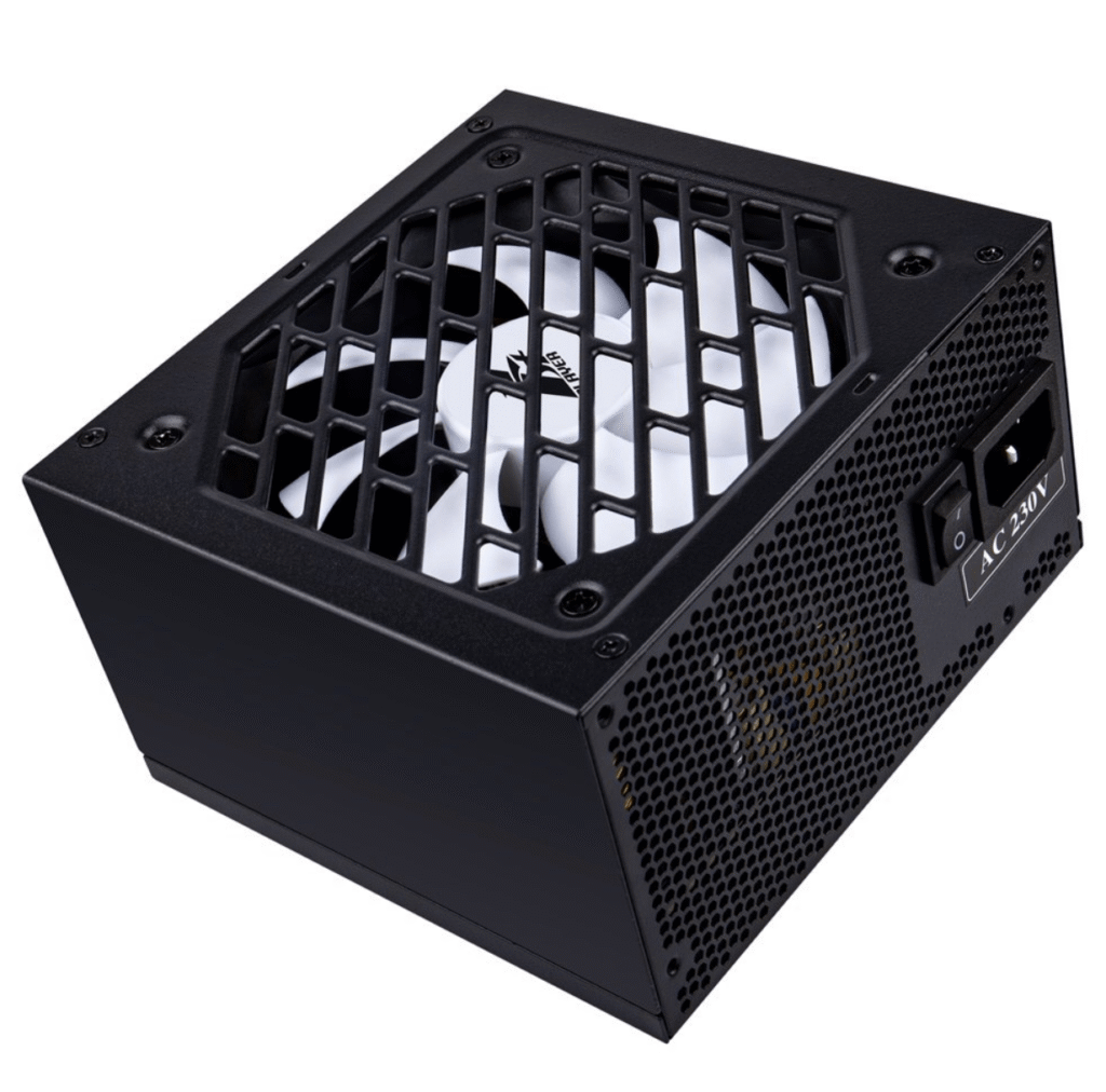 Black computer power supply unit with visible brand logo on a white background