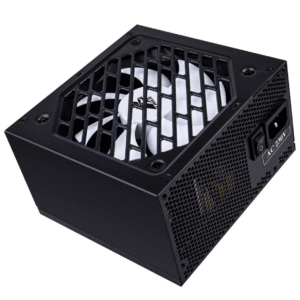 Black computer power supply unit with visible brand logo on a white background