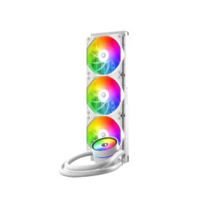 Computer cooling system with RGB LED fans on a white background