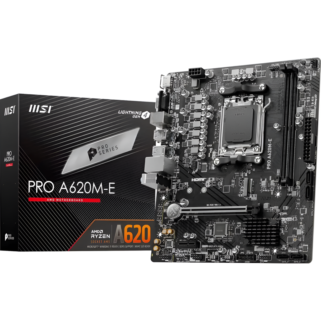 MSI Pro A620M-E motherboard with packaging on a white background