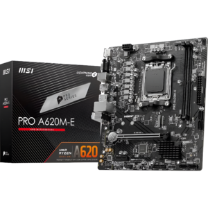 MSI Pro A620M-E motherboard with packaging on a white background
