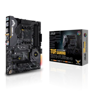 Asus TUF Gaming X570-Plus WIFI motherboard with packaging on a white background