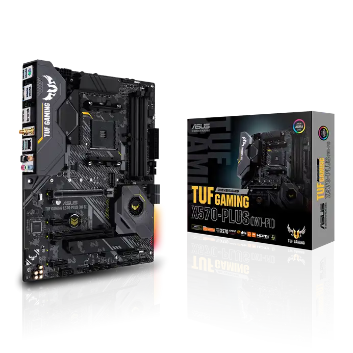 Asus TUF Gaming X570-Plus WIFI motherboard with packaging on a white background