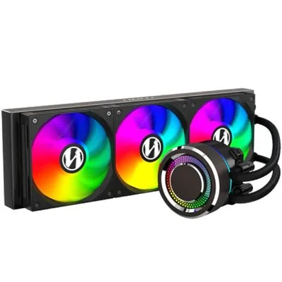 Computer cooling system with RGB LED fans on a white background