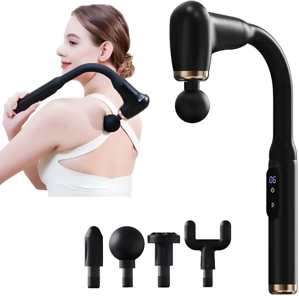 Woman using a black handheld massager with attachments on a white background