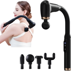 Woman using a black handheld massager with attachments on a white background