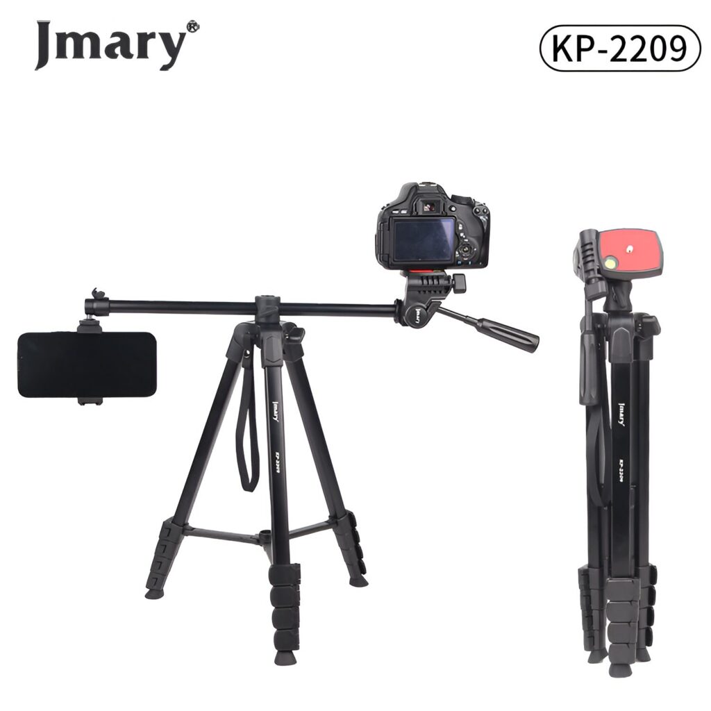 Jmary camera tripod with smartphone holder and camera on a white background