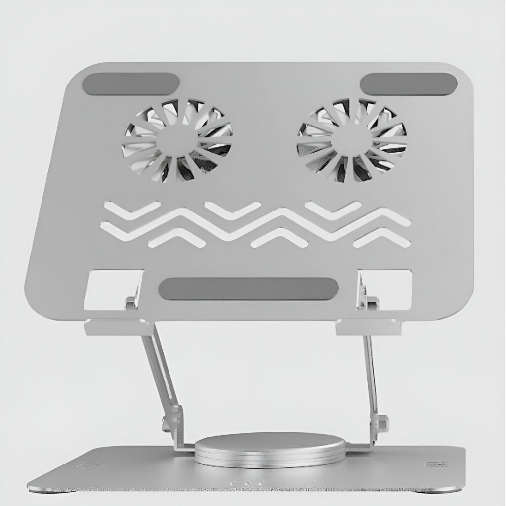 Silver laptop cooling stand with two fans on a white background