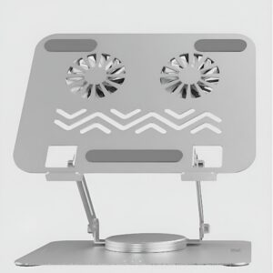 Silver laptop cooling stand with two fans on a white background